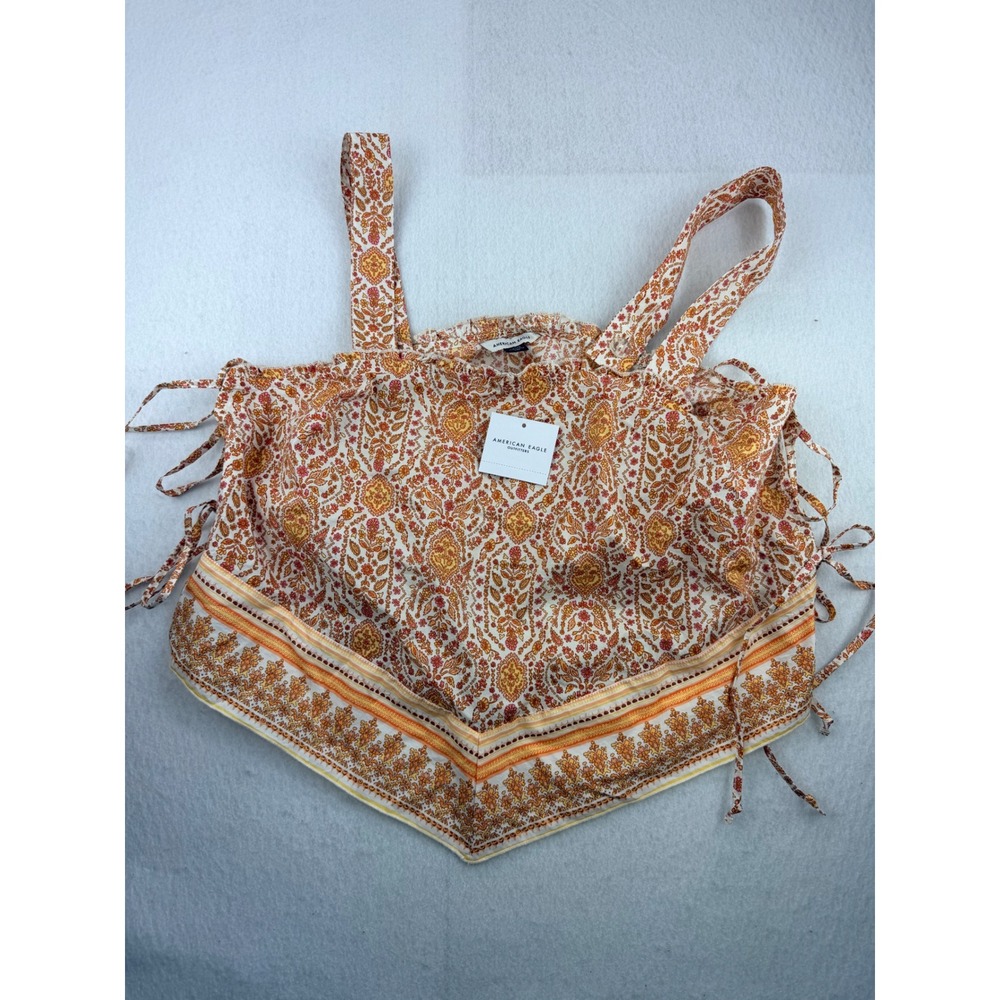 American Eagle Orange Paisley Handkerchief Hem Cami Top Side Ties Large NEW